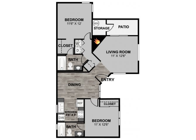 2 bedroom 2 bathroom 966 sq ft floor plan at 255 North Apartments in Tucson, AZ